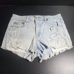 American Eagle Hi-Rise Shorty sz 10 light blue stretch denim , lace shorts